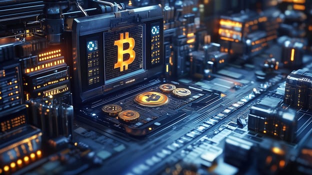 Glowing bitcoin symbols and coins are showcased on a sleek, futuristic digital interface. The vibrant setup highlights the intersection of technology and cryptocurrency in a modern urban landscape.
