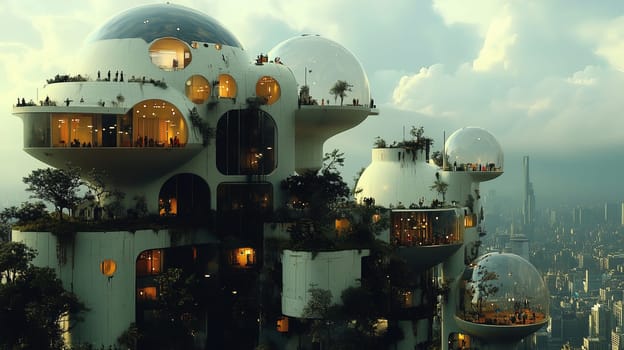 A modern city skyline showcases innovative architecture with rounded forms and transparent domes. The structures blend nature and urban living, creating a harmonious environment.