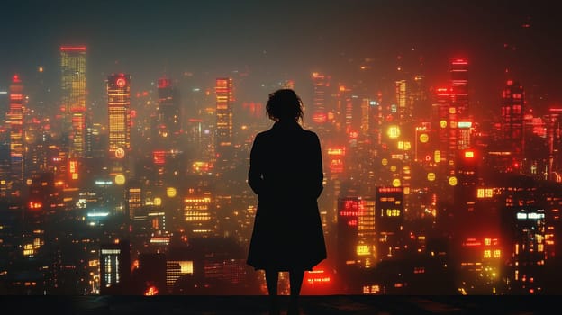 A figure stands in silhouette, gazing at a dazzling city skyline filled with brightly lit buildings and neon signs. The vibrant urban lights create a dramatic night scene.