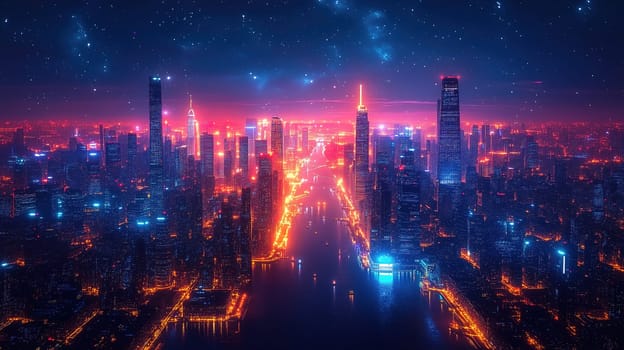 A stunning urban skyline shines brightly at night with vivid colors reflecting on the river. Skyscrapers emerge against a starry sky, creating a captivating, lively atmosphere.