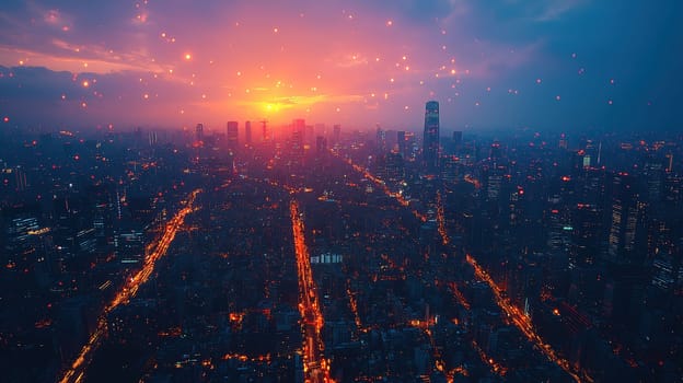 As the sun sets, a vibrant orange glow lights up the skyline of a busy city. The streets below are filled with glowing street lights, creating a striking contrast with the twilight sky.