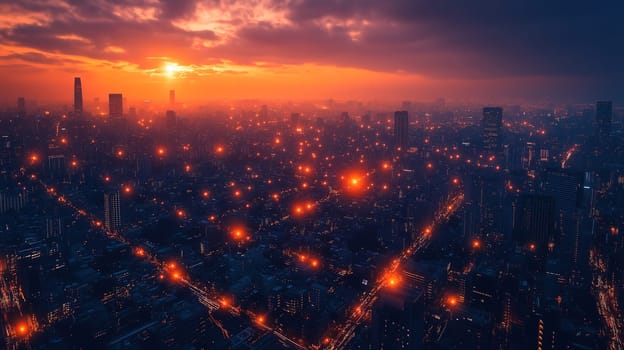 As the sun sets on a vibrant city, the skyline illuminates with countless lights. Skyscrapers stand tall against a backdrop of vivid orange and purple clouds, creating a serene yet lively atmosphere.