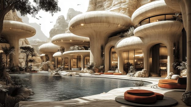 This stunning architecture showcases unique mushroom-shaped structures nestled around a calm pool, surrounded by lush greenery and rocky formations.