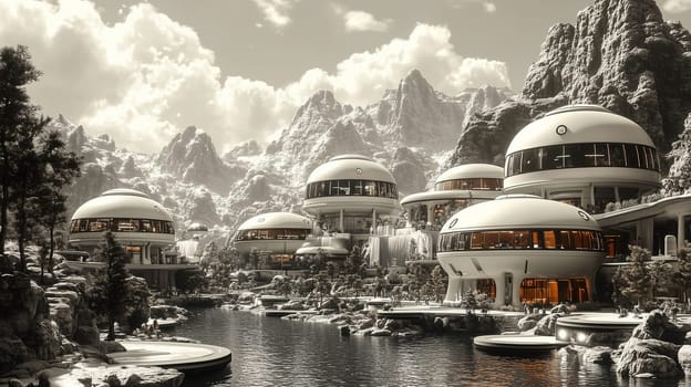 A futuristic landscape features domed buildings beside a tranquil lake. Towering mountains surround the area, creating a serene atmosphere during twilight.