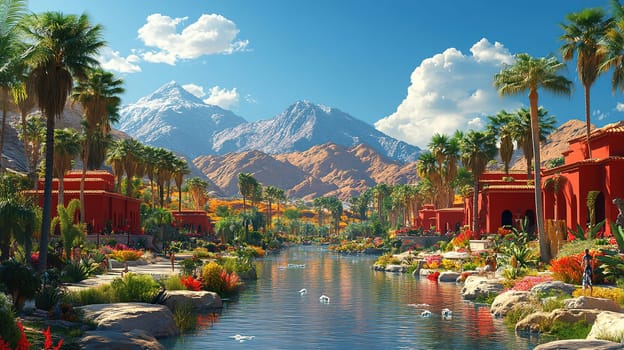 A stunning garden features lush palm trees and colorful flowers around a serene waterway. Majestic mountains rise in the background under a bright blue sky during daylight.