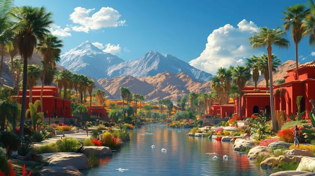 A tranquil scene unfolds with lush palm trees and colorful flowers lining a calm river. Stunning mountains rise majestically in the background beneath a bright blue sky.