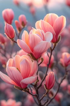 This closeup captures soft pink magnolia flowers, showcasing the exquisite beauty of nature around us