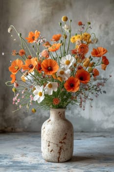 This beautiful bouquet of vibrant orange and white flowers in a textured vase enhances any decor setting