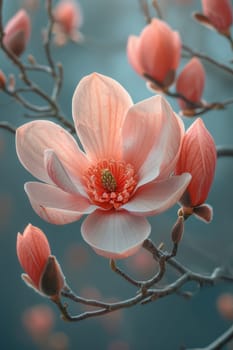 The beautiful pink magnolia flowers are thriving against a soft, serene background that exudes tranquility