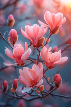 Stunningly beautiful pink magnolia flowers adorned with dew droplets in a tranquil and serene natural setting