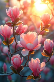 Stunning pink magnolia flowers, beautifully bathed in soft and gentle sunrise light, create a serene spring ambiance