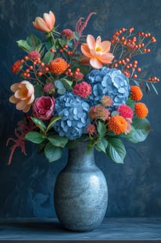 A stunning and beautiful bouquet showcasing colorful flowers combined with lush greenery in a unique, elegant vase