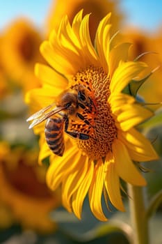 A detailed closeup of a bee diligently gathering nectar from beautiful, vibrant sunflowers beneath a clear blue sky