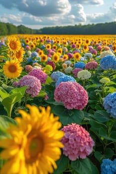 A colorful field of sunflowers and hydrangeas blooms under a bright blue sky, perfect for nature lovers.