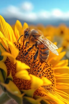 A busy bee is diligently gathering pollen from a vibrant sunflower while under a clear blue sky above