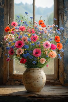 A breathtakingly beautiful arrangement of colorful wildflowers elegantly placed in a rustic vase by a sunlit window