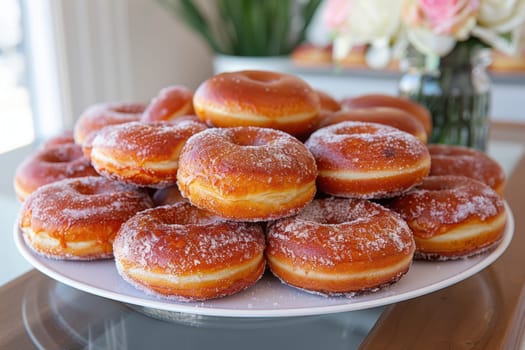 A tempting and delightful display of beautifully made glazed donuts, perfect for any social gathering or dessert table