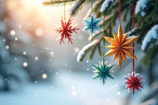 Brightly colored paper snowflake Christmas ornaments dangle from snow-laden evergreen branches as soft snow falls in a serene winter landscape - Generative AI