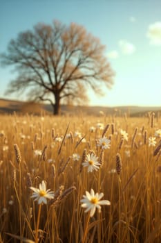A serene landscape featuring a field adorned with wildflowers swaying gently in the breeze, illuminated by the warm glow of sunset - Generative AI