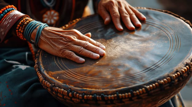 A musician taps rhythmically on a handcrafted drum adorned with intricate designs, surrounded by a vibrant cultural atmosphere - Generative AI