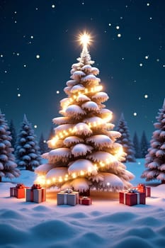 A festive Christmas tree adorned with lights stands in a snow-covered field, surrounded by colorful presents under a clear, starry sky - Generative AI
