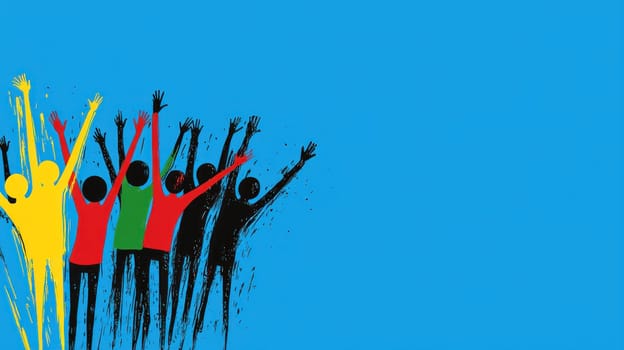 Celebrating diversity and inclusion, stylized figures with raised hands express joy and unity against vibrant blue background.