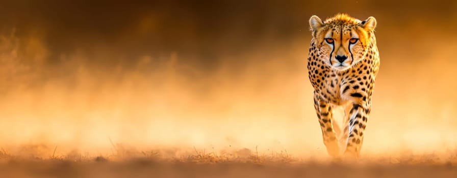 Cheetah walking gracefully across dusty plain, showcasing its elegance and speed in serene environment. warm tones enhance majestic presence of this magnificent animal.