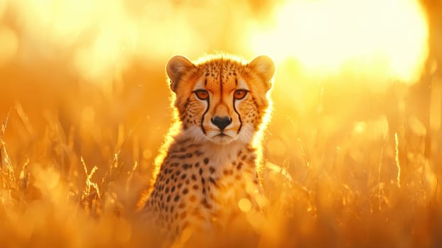 Majestic cheetah in golden grass, illuminated by sunset glow, exuding grace and power.