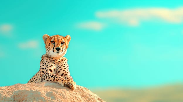 Cheetah resting on rock under bright blue sky, showcasing its beautiful spots and serene expression. perfect representation of wildlife in its natural habitat.