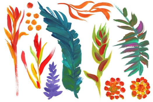 Collection of tropical flower branches and leaves painted with bright colors on white background
