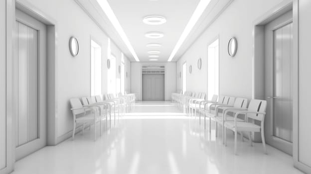 Hospital corridor with windows and white chairs, in the style of bokeh, light gray, bauhaus, light white, skillful. Generative AI image weber.