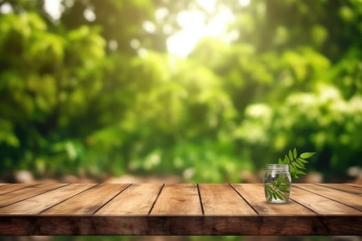 Empty Wooden table and blurred green nature garden background. Generative AI image weber.