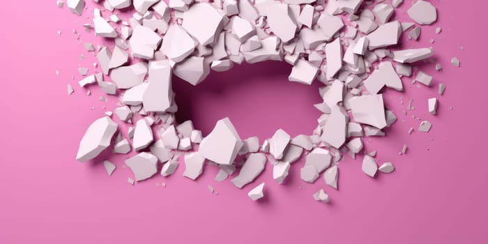 Breaking out of a hole in solid Pink wall, torn hole, empty copy space frame, mockup. Generative AI image weber.