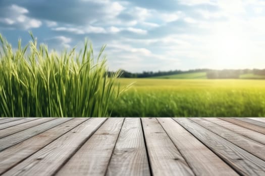 Wooden deck with green grass near landscape with sky background. Generative AI image weber.