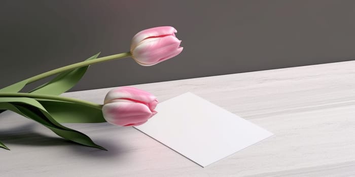 Mockup blank white paper with pink tulip, Copy space. Generative AI image weber.