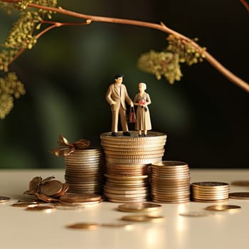 Concept of retirement planning. Miniature people: Old couple figure standing on top of coin stack.