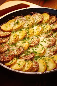 Close up of Sausage cheese potato gratin dish.