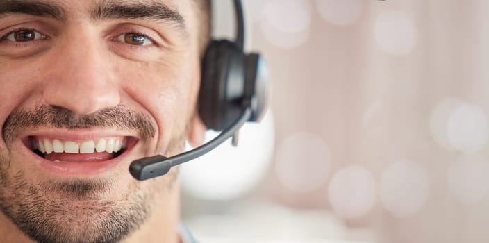 Portrait, mockup or happy man consultant in call center talking or networking online in a telecom office. Smile, bokeh or face of sales agent in communication or conversation at customer services.