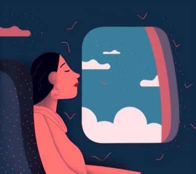 woman flight character transportation trip seat train fly passenger muslim journey holiday plane air airliner window comfort cabin inside voyage illustration. Generative AI.