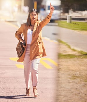 Woman, walking and wave to taxi in city for bus, cab or commute transportation and travel in cbd for business. Person, hand and sign to call attention of taxicab driver, service or passenger in town.
