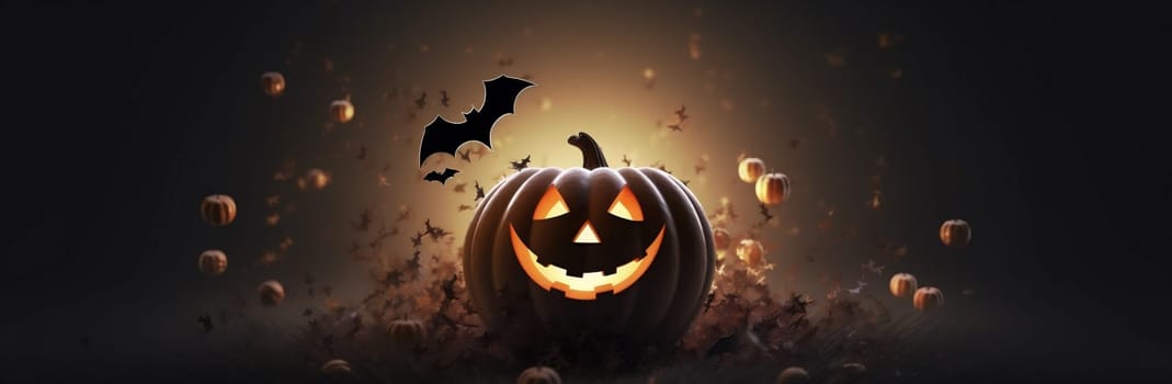 creepy poster black haunted october background horror table night bat lantern jack pumpkin jack-o-lantern wooden moon fear scary halloween mystery blue. Generative AI.