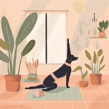 cartoon dog woman home meditation health happy training yoga healthy pet exercise cat stretching lifestyle pose mat fitness sport body posture. Generative AI.