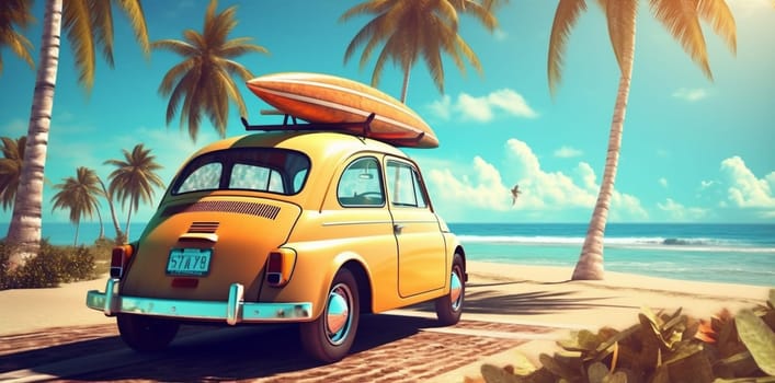 sea travel tropical trip background transport happy art summer road tree automobile fun car beach vintage tropic retro holiday vacation. Generative AI.