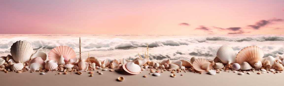 ai collection vacation banner shell sand nature summer exotic ocean tropical beach background sea coast conch generative relax beautiful holiday. Generative AI.