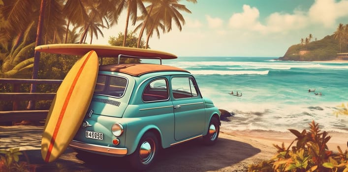 summer classic vacation old tourism tropical sky transportation trip auto car vintage poster yellow automobile retro sunlight road travel beach. Generative AI.