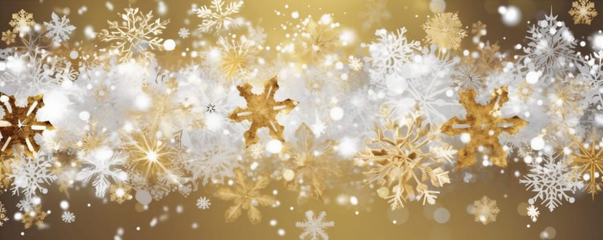 season design white gold snow snowflake bokeh winter abstract golden celebrate christmas bright sparkle pattern seasonal year decoration background holiday decor. Generative AI.