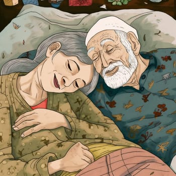 man woman old bed lying senior illustration happy grandparent retired lifestyle husband grandfather couple together asleep love flowers romantic home female mature. Generative AI.