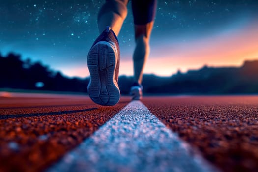 Sports man running on track while raining.