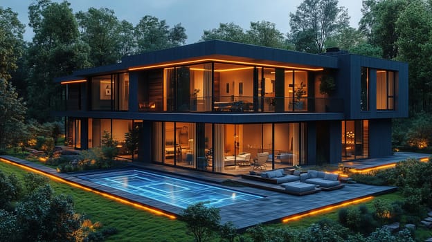 A contemporary home is highlighted at dusk, featuring expansive windows and a glowing pool. Surrounded by greenery, the residence exudes elegance and comfort in a serene atmosphere.