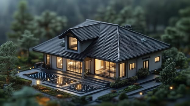 A spacious modern residence features large windows and elegant landscaping. A calm pool reflects twinkling lights in a peaceful, wooded area during twilight.